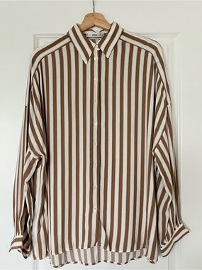 Mango Brown and White Vertical Stripe Button-Down Shirt